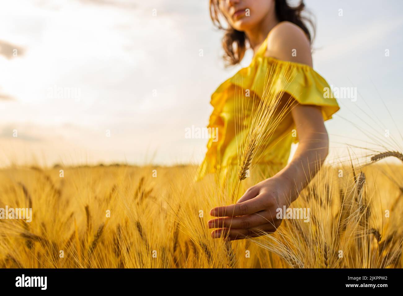 Junge Frau in gelbem Kleid auf einem Weizenfeld mit Sonnenaufgang im Hintergrund Stockfoto