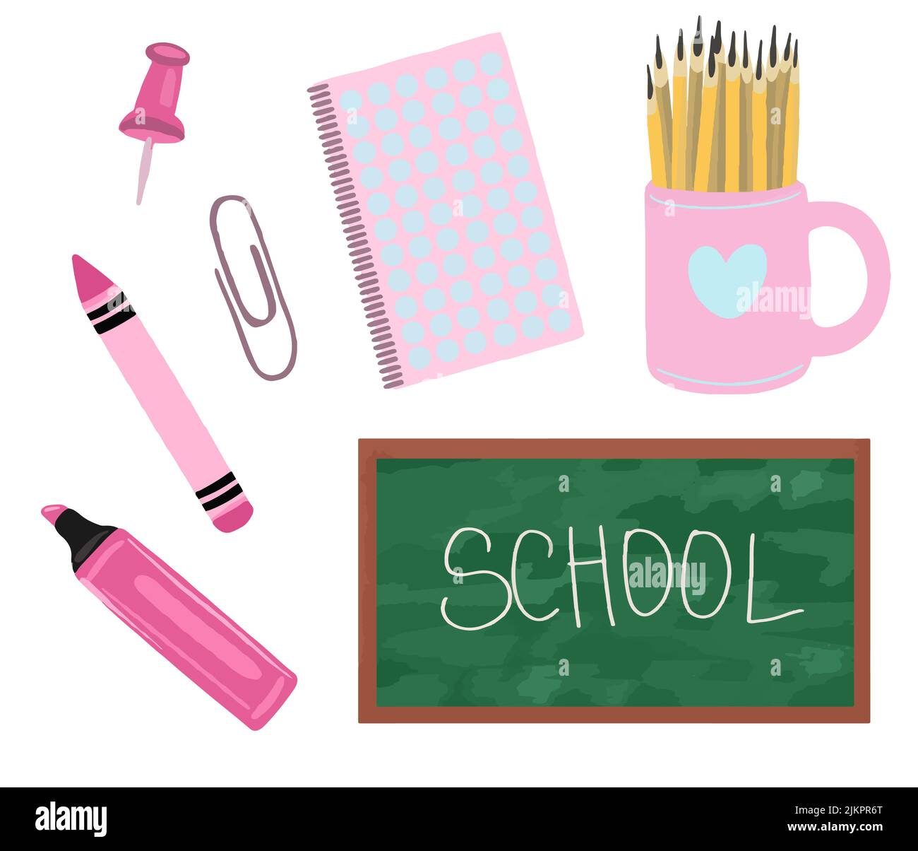 Vector Big Kollektion zurück in die Schule. Design-Set für den Bildungsbereich. Schulbank, Schulbedarf, Lehrbuch, Aktentasche. Stock Vektor