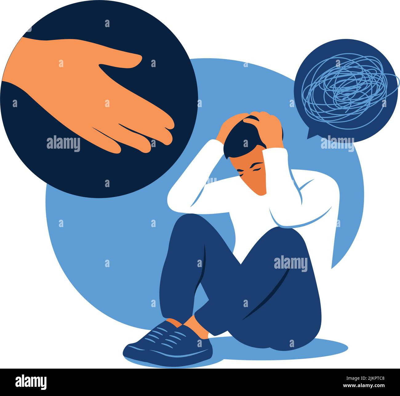 Konzept der psychischen Störung, Trauer und Angst. Menschliche Hand hilft. Trauriger einsamer Mann in Depression. Vektorgrafik. Flach. Stock Vektor