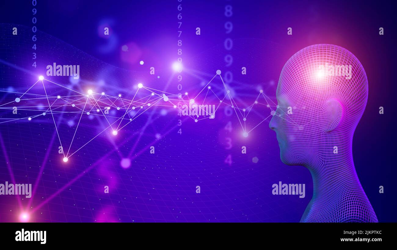 3D Technologiekopf mit abstraktem Neon-Hintergrund im digitalen Netzwerk. KI, menschlicher Geist, Wissenschaft, Gehirnkonzept. . Hochwertige 3D-Illustration Stockfoto