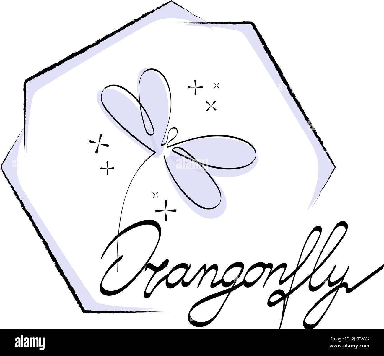 Stilisierte handgezeichnete Libellen-Schriftzüge. Logo. Handgezeichnete Inschrift. Vektor. Einzeilige Zeichnung. Schwarzweiß-Bild. Die Fliege. Insekt. Geeignet Stock Vektor