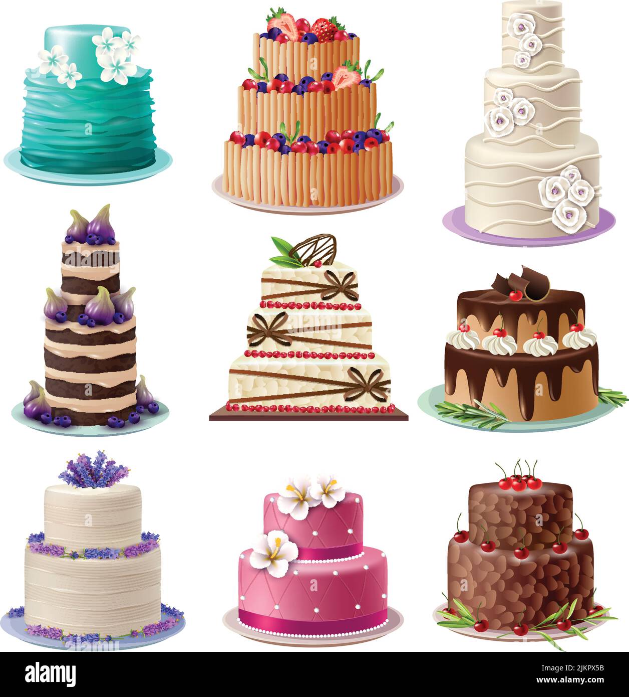 Süß gebackene Kuchen Set mit bunten verschiedenen dekorierten Süßwaren und Dessert isoliert Vektor-Illustration Stock Vektor