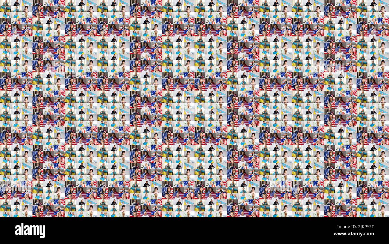 Laptop-Bildschirm mit multiethnischen, vielfältigen Menschen, Collage einer Gruppe von multirassischen Menschen, Webcam-Ansicht, Video-Chat. Viele verschiedene Kopfschüsse auf Stockfoto