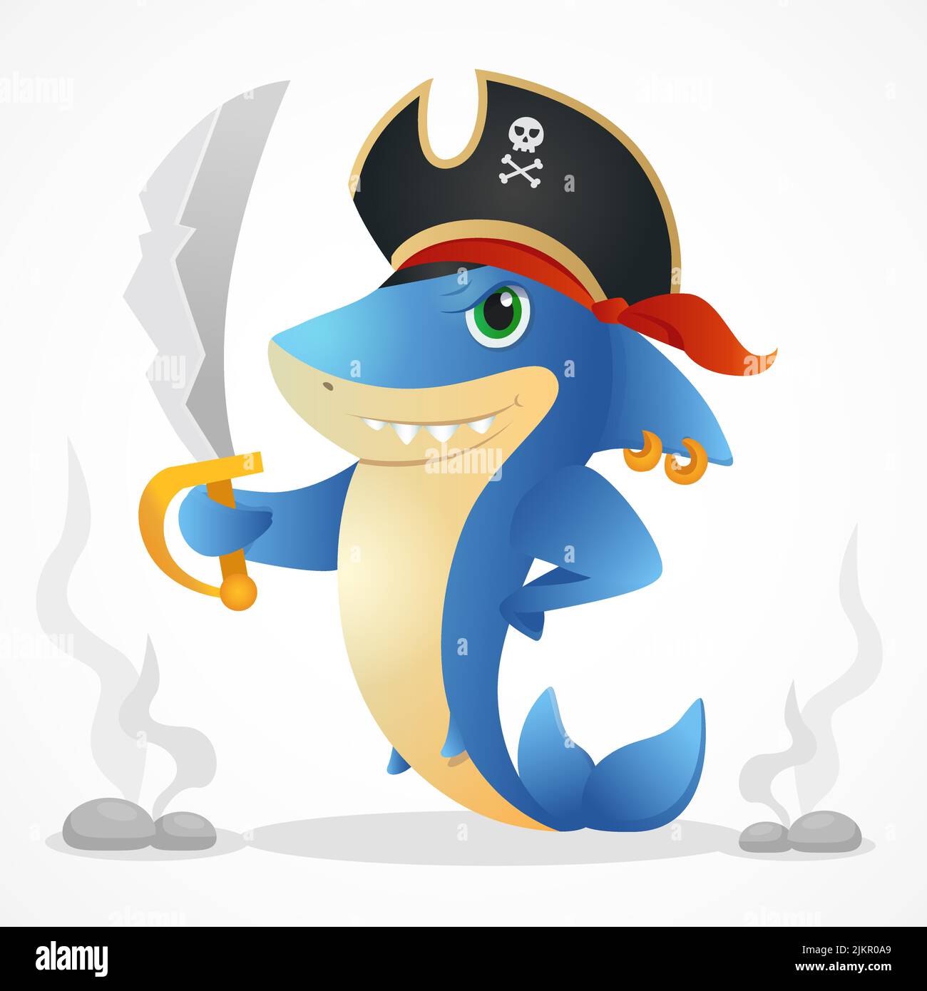 Ernst Cartoon Hai Piraten Maskottchen halten Säbel. Flacher Tiercharakter für Märchen- und Kindergeschichte. Captain Hut mit Schule Stock Vektor