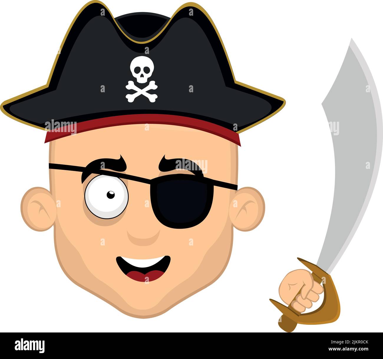 Vektor-Illustration des Gesichts eines Cartoon-Piraten mit einem Hut, Augenklappe und einem Schwert in der Hand Stock Vektor