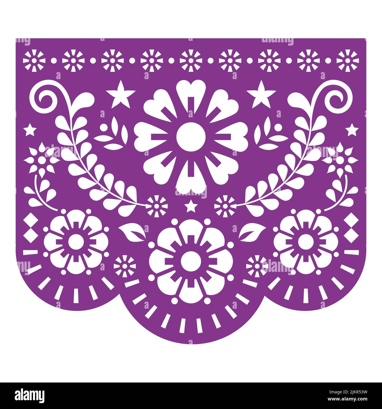 Papel Picado Vektor-Design inspiriert von der traditionellen ausgeschnittenen Dekoration aus Mexiko mit Blumen und geometrischen Formen - Grußkarte, Party-Dekor Stock Vektor