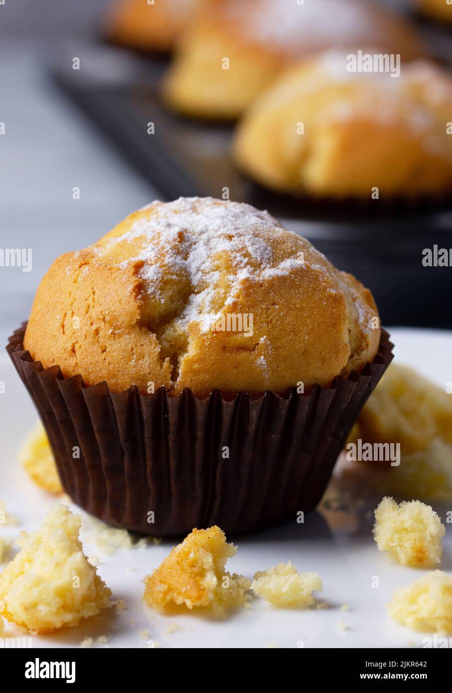 Hausgemachter Muffin vor dem Hintergrund eines Backblechs Stockfoto
