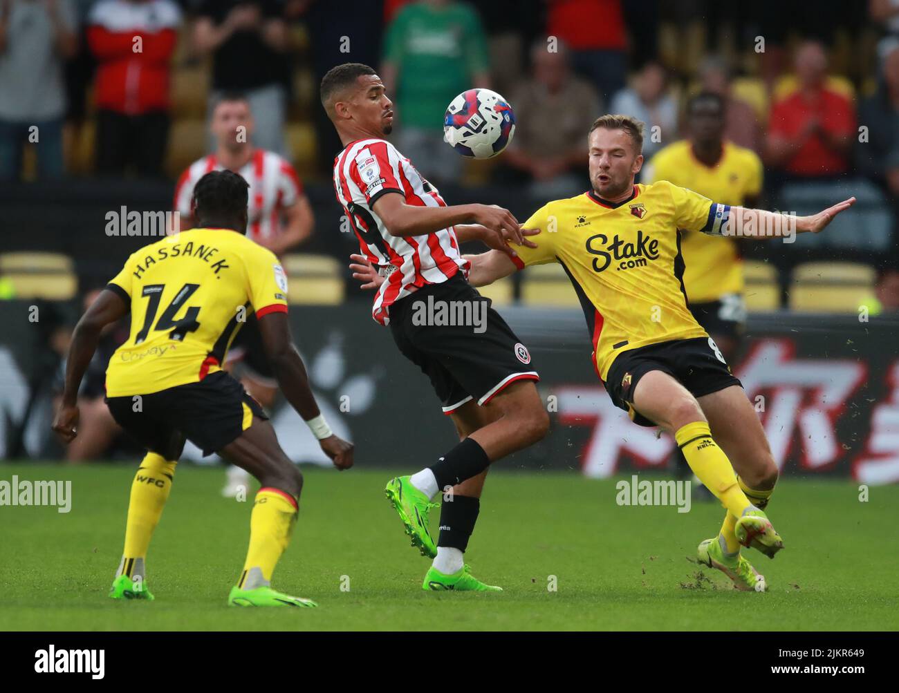 Watford, England, 1.. August 2022. Lliman Ndiaye von Sheffield Utd während des Sky Bet Championship Spiels in der Vicarage Road, Watford. Bildnachweis sollte lauten: Simon Bellis / Sportimage Stockfoto