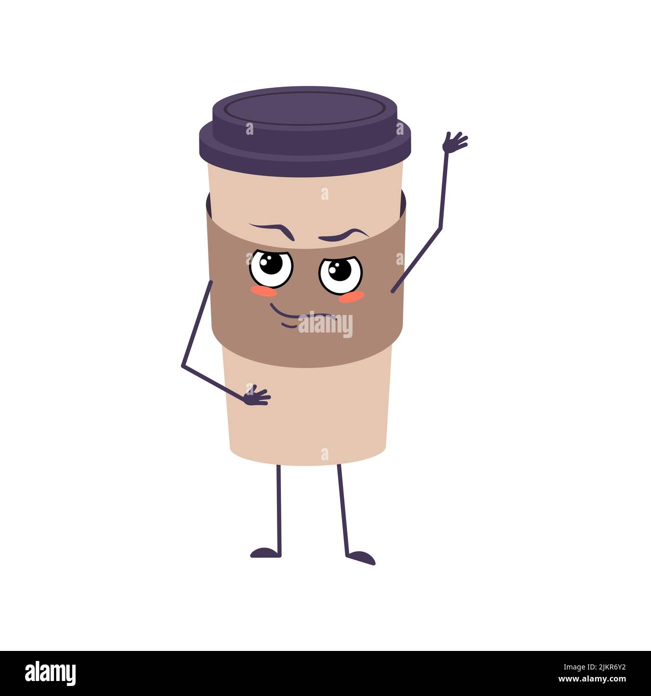 Nette Tasse Kaffee Charakter mit Emotionen, Gesicht, Arme und Beine. Das lustige oder stolze, dominierende Papierglas für einen Drink. Vektorgrafik flach Stock Vektor
