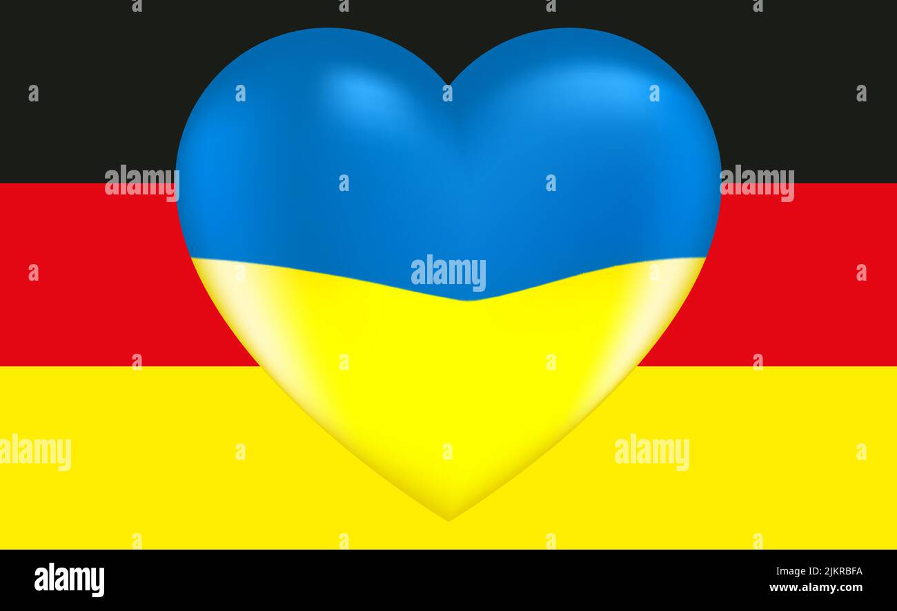 Vektorzeichnung Volumenherz in den Farben der ukrainischen Flagge vor dem Hintergrund der deutschen Flagge. Stock Vektor