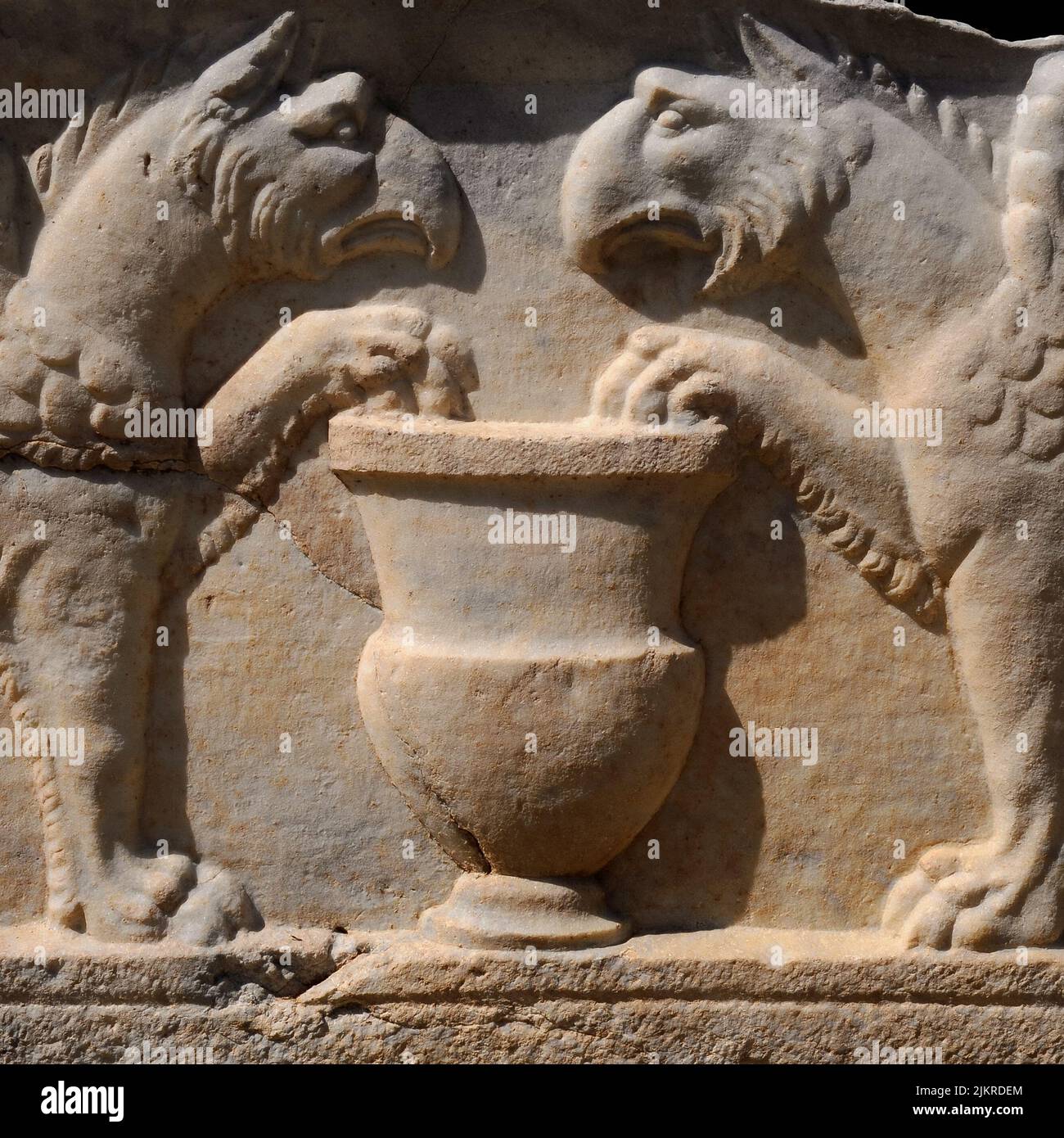 Greifen mit ihren Adlerköpfen und Krallen. Römische Skulptur auf einem Sarkophag oder einer Grabkiste in der Nekropole von Manastirine, einem Friedhof außerhalb der Mauern der antiken griechischen und römischen Stadt Salona, in Solin bei Split in Dalmatien, Kroatien. Stockfoto