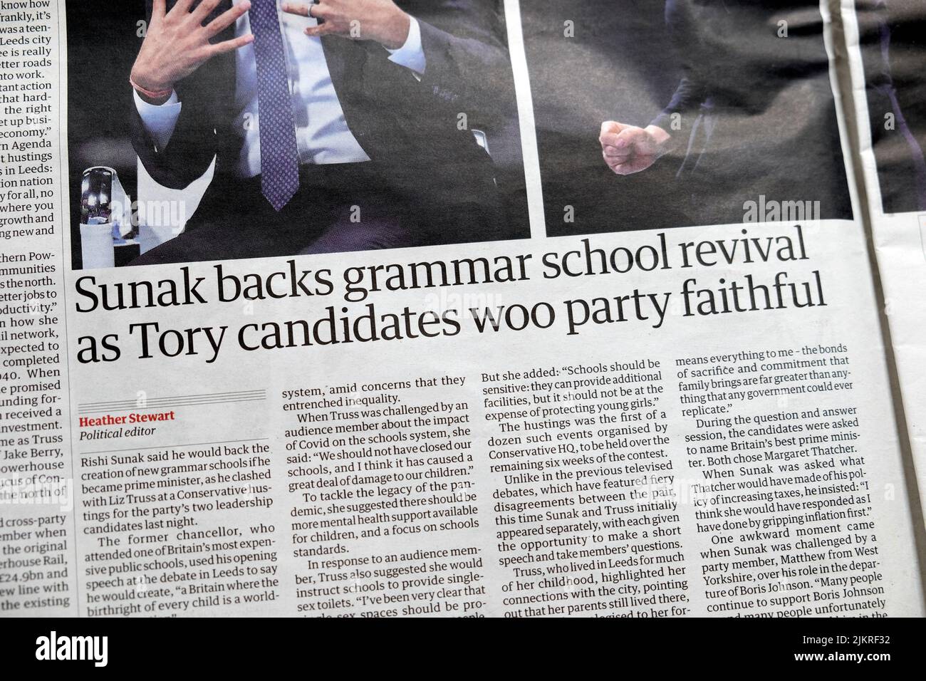 Rishi 'Sunak unterstützt die Wiederbelebung des Gymnasiums, während Tory-Kandidaten Parteitreue anwerben' Headline-Artikel der Guardian-Zeitung vom 29.. Juli 2022 London England Großbritannien Stockfoto