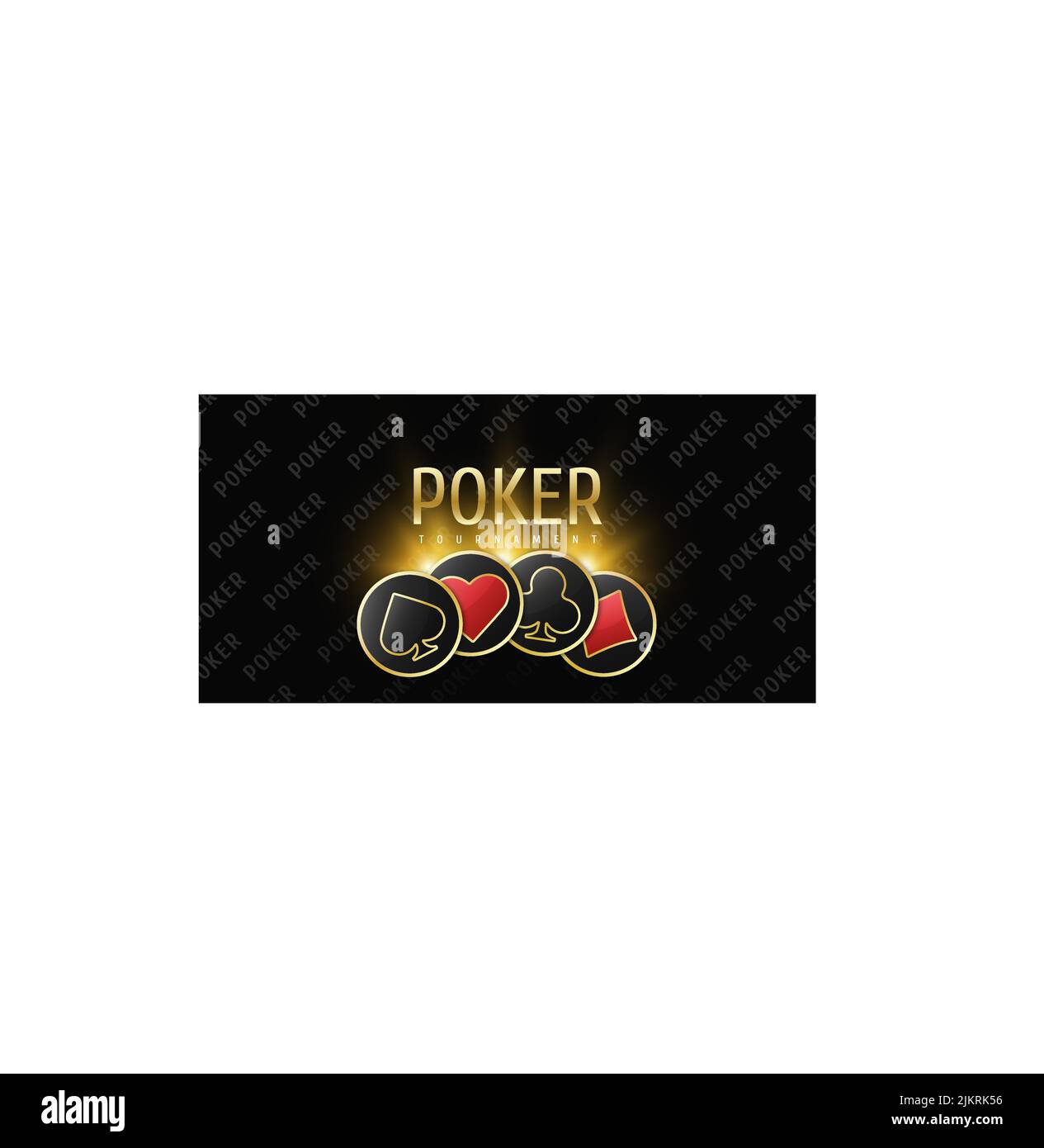Banner für Pokerturniere. Poker-Logo mit Spielkarten-Spielchips. Keulen, Diamanten, Pik, Herzen auf schwarzem Hintergrund. Vektorgrafik. Stock Vektor Banner für Pokerturniere. Poker-Logo mit Spielkarten-Spielchips. Keulen, Diamanten, Pik, Herzen auf schwarzem Hintergrund. Vektorgrafik. Stock Vektor