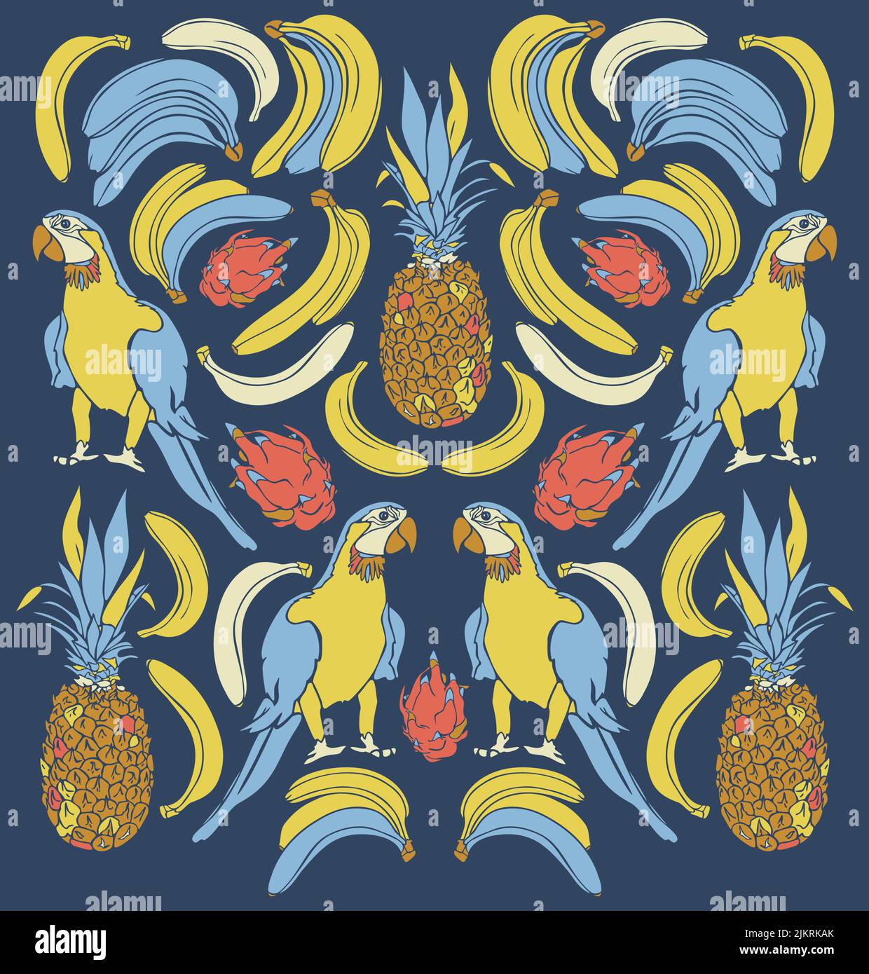 Vektorgrafik mit Papageien und exotischen Früchten. Design mit Ara, Zirbeldrüsen, Drachenfrüchten und Bananen. Stock Vektor