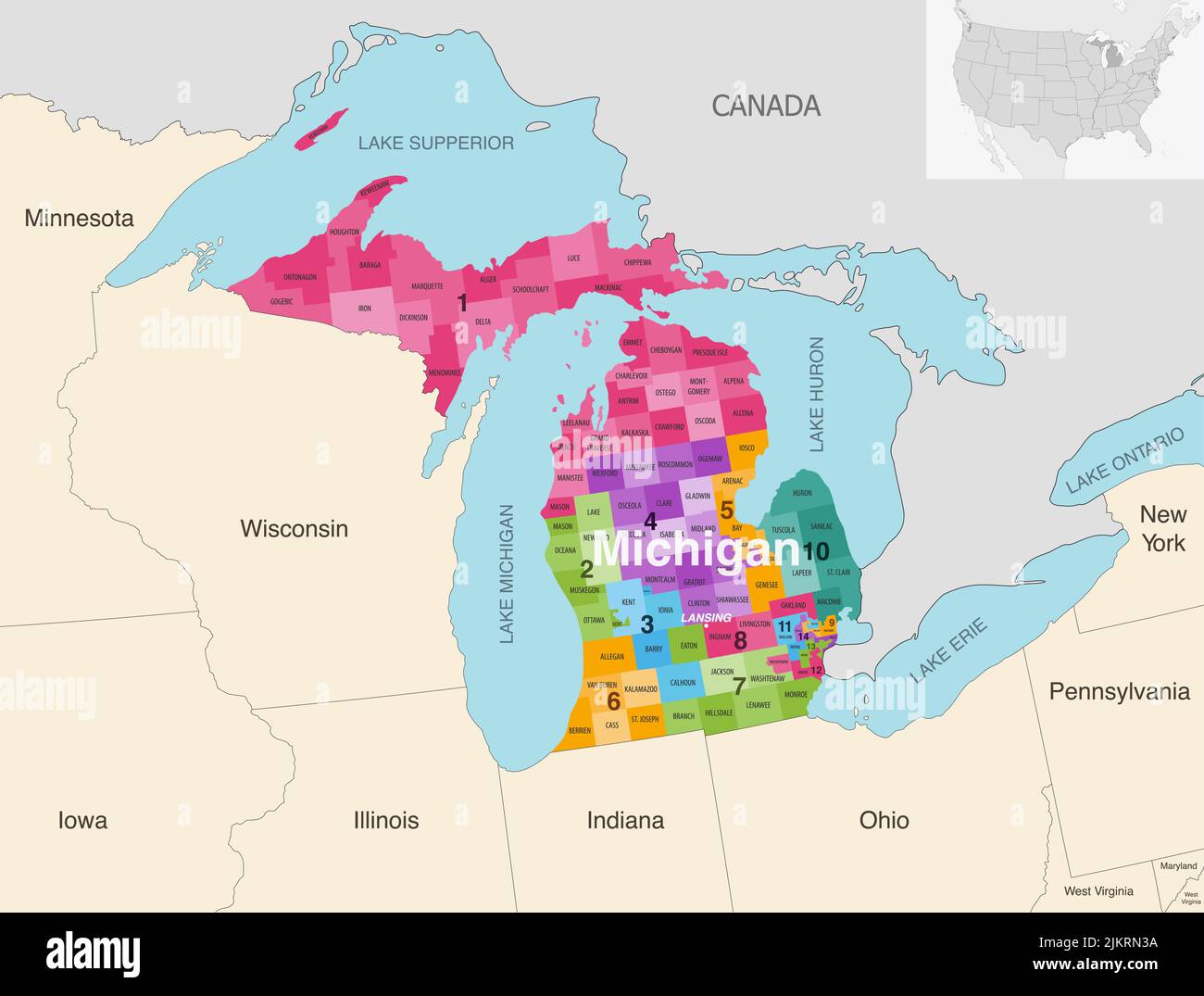 Michigan State Counties von Kongressbezirken farbige Vektorkarte mit benachbarten Bundesstaaten und Terrotorien Stock Vektor