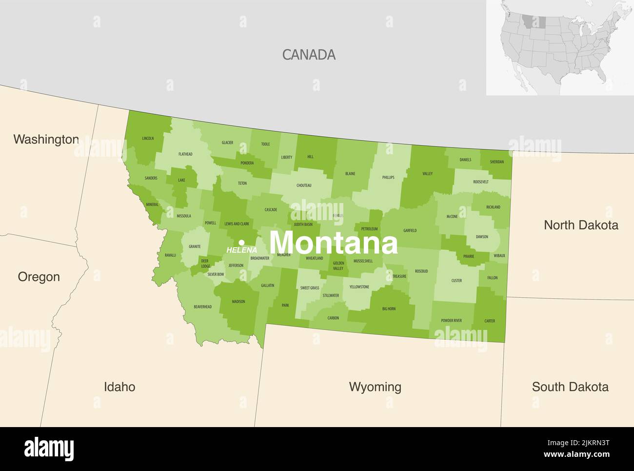 Montana State Counties Vektorkarte mit Nachbarstaaten und Terrotorien Stock Vektor