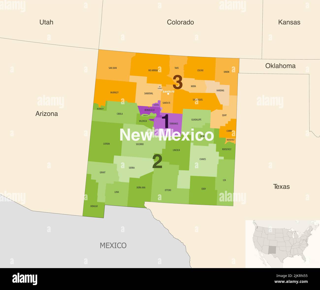 New Mexico State Counties von Kongressbezirken farbige Vektorkarte mit benachbarten Bundesstaaten und Terrotorien Stock Vektor