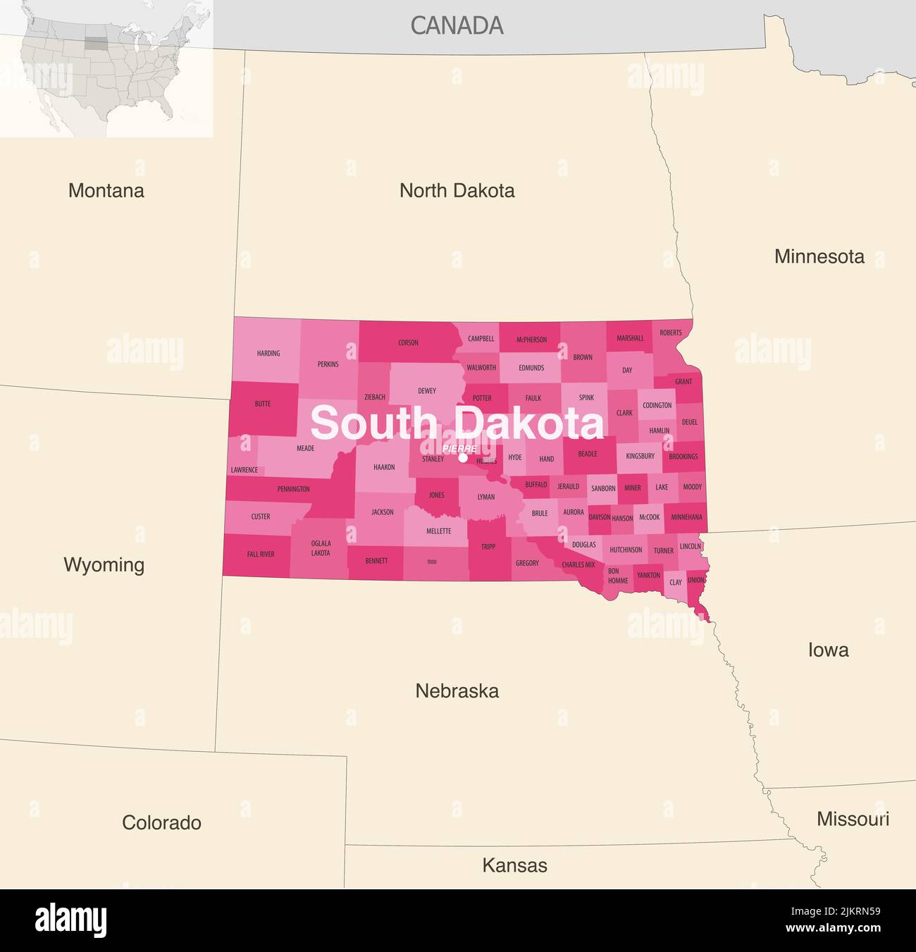 South Dakota State Counties Vektorkarte mit Nachbarstaaten und Terrotorien Stock Vektor