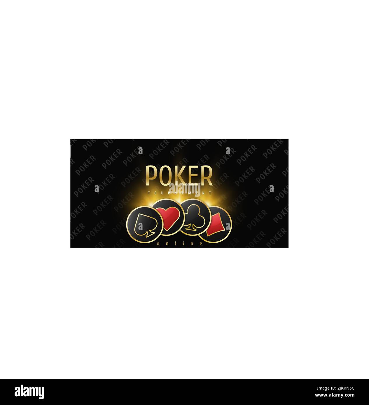 Banner für Pokerturniere. Poker-Logo mit Spielkarten-Spielchips. Keulen, Diamanten, Pik, Herzen auf schwarzem Hintergrund. Vektorgrafik. Stock Vektor Banner für Pokerturniere. Poker-Logo mit Spielkarten-Spielchips. Keulen, Diamanten, Pik, Herzen auf schwarzem Hintergrund. Vektorgrafik. Stock Vektor