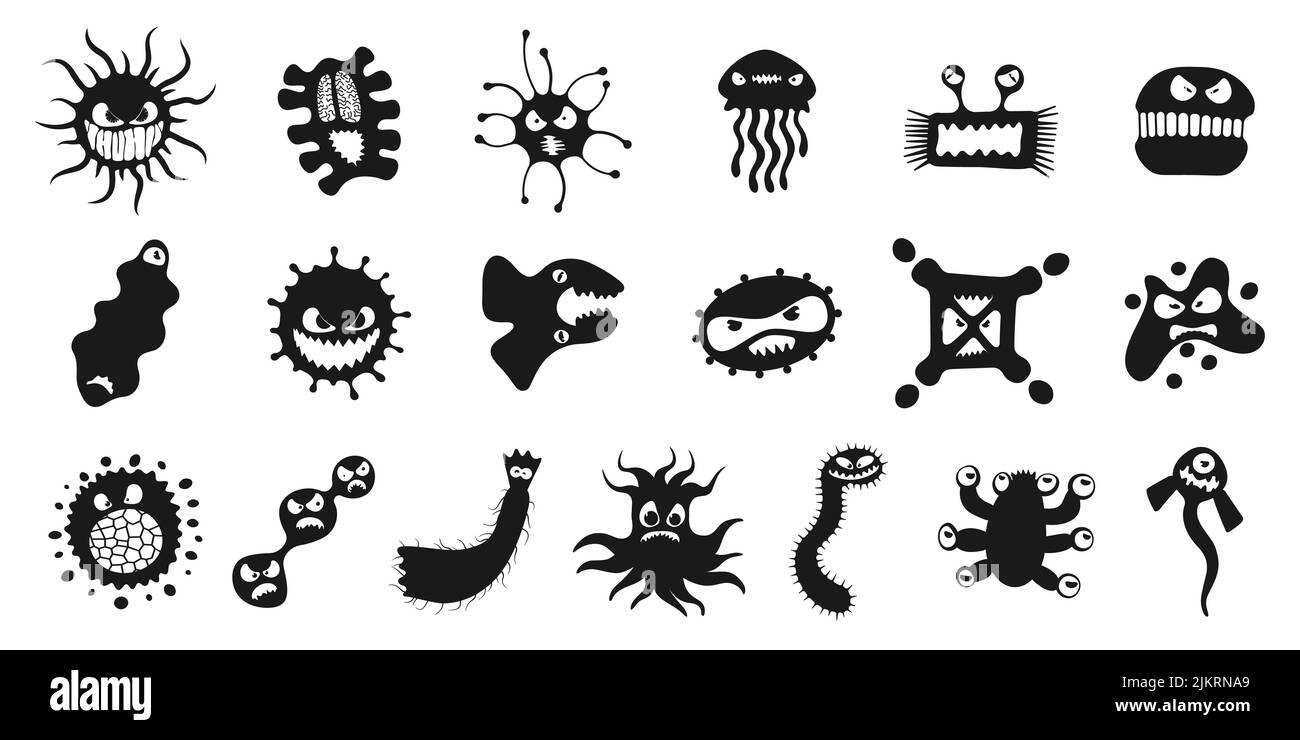 Mikroorganismus Virus Vektor Cartoon Bakterien Keim Charakter set. Bakterium Krankheit Infektion Sammlung Mikrobiologie Illustration. Mikroben-Erreger-Monster-Organismus schwarz-weiß Vektor-Illustration Stock Vektor