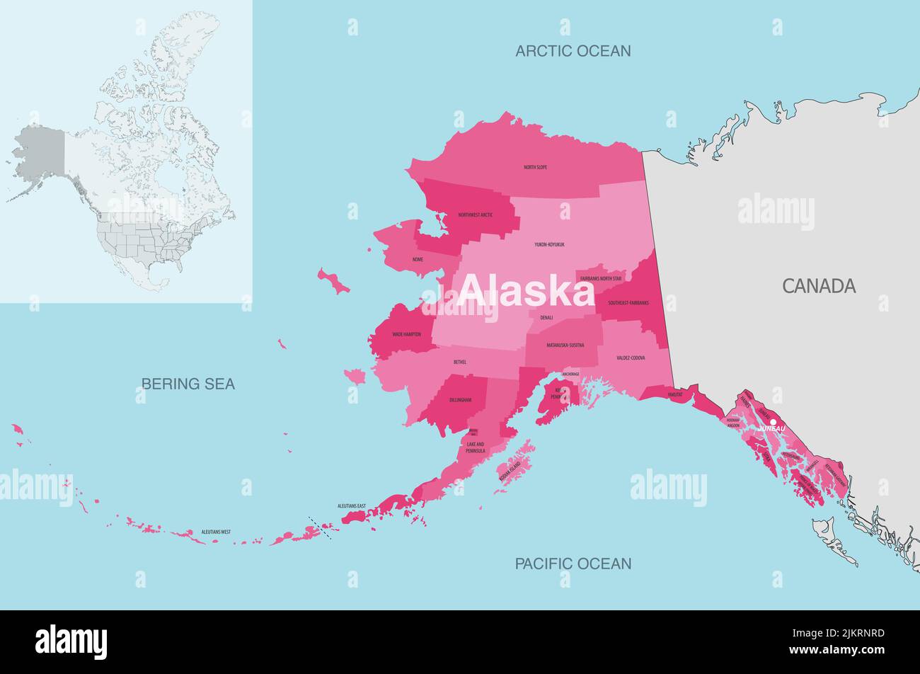 Alaska State Counties Vektorkarte mit Nachbarstaaten und Terrotorien Stock Vektor