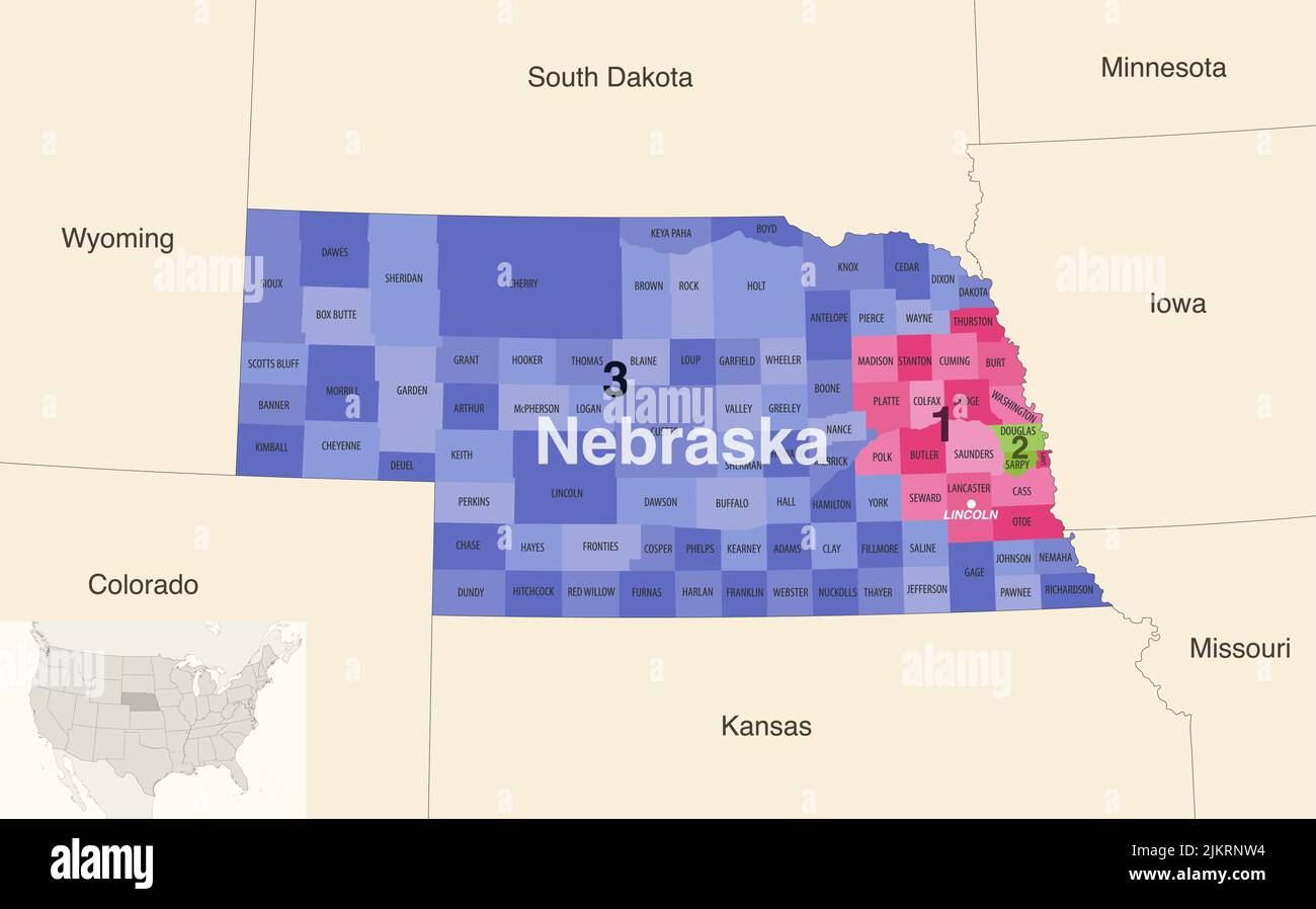Von Kongressbezirken gefärbte Vektorkarte der Landkreise von Nebraska mit benachbarten Bundesstaaten und Terrotorien Stock Vektor