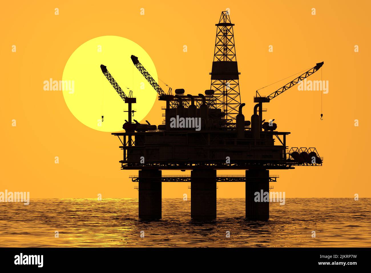 Bild der Ölplattform bei Sonnenuntergang. Die Ölplattform auf See ist eine OffshoreStruktur mit