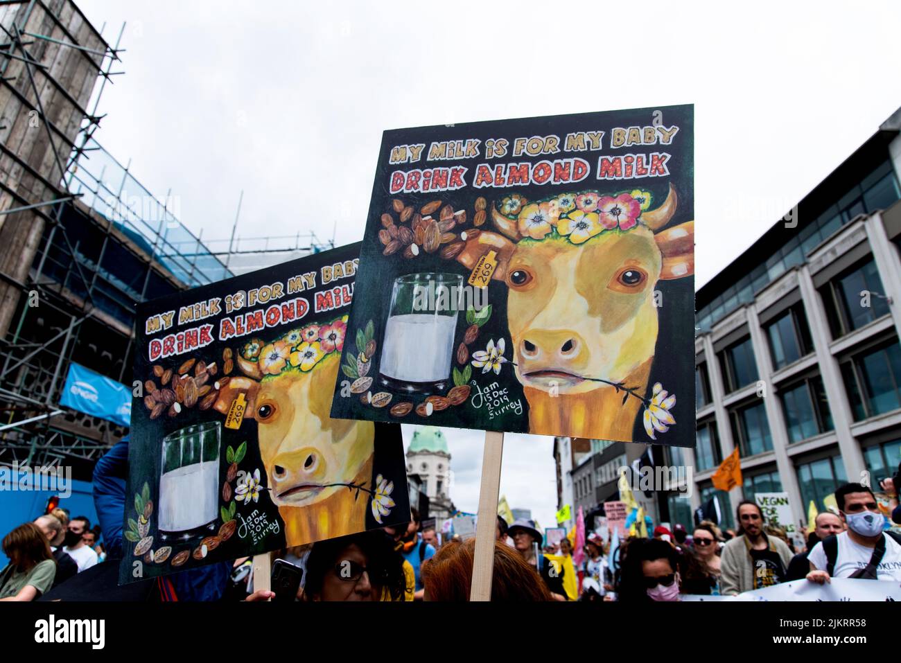 Vegane Aktivistin trinkt Mandelmilch Plakat auf Tierrechte märz, London 2021 Stockfoto