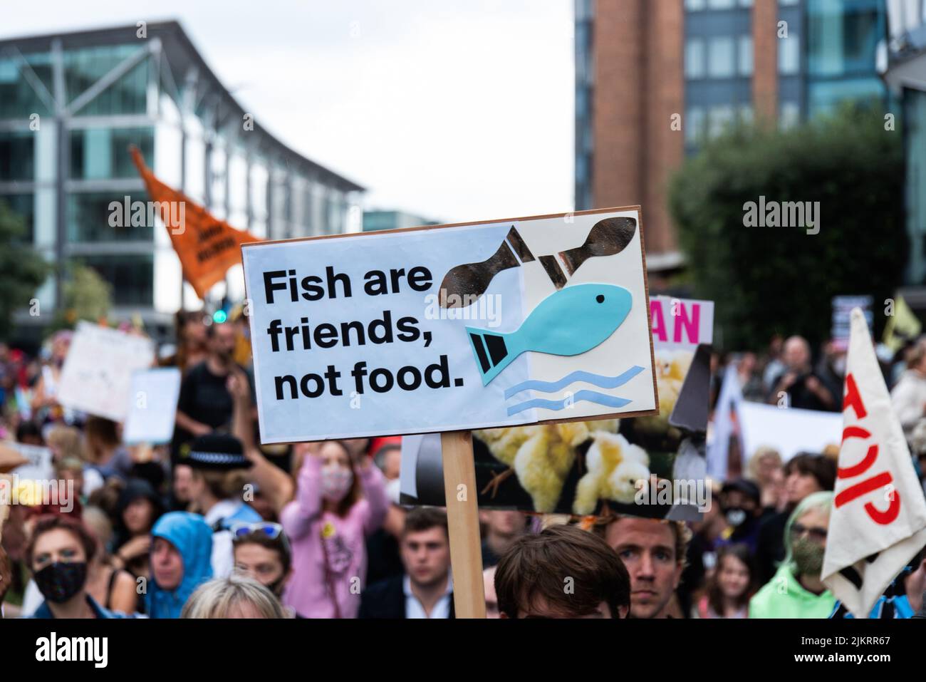 Fish are Friends Not Food Plakat in Menschenmenge von Tierrechtsprotestierenden gehalten, London 2021 Stockfoto