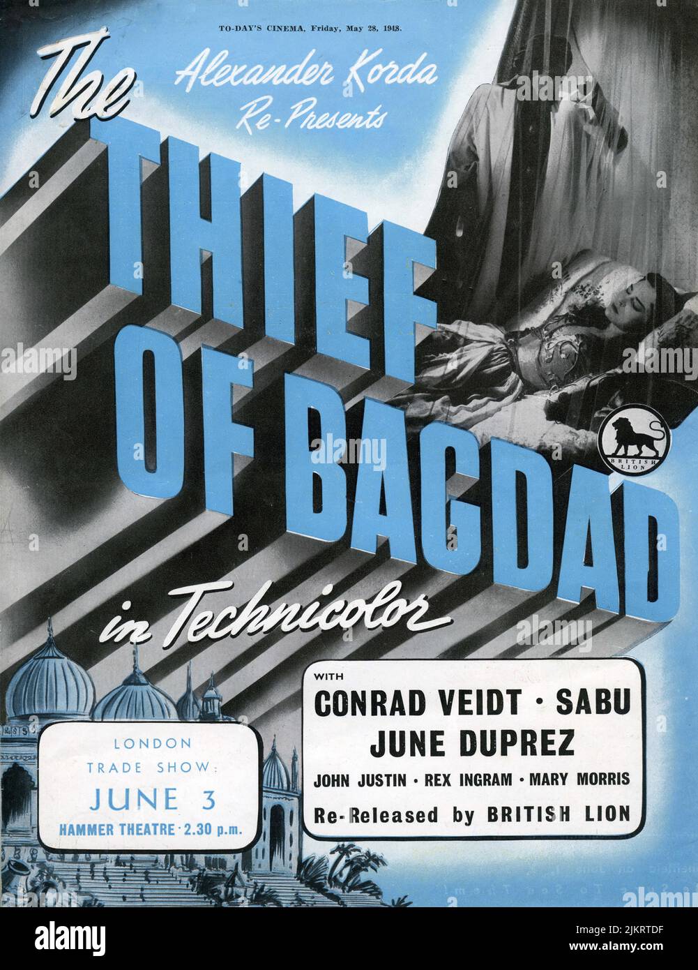 British Trade Ad für 1948 Neuauflage von CONRAD VEIDT JUNI DUPREZ und SABU in THE THIEF OF BAGDAD 1940 Regisseure LUDWIG BERGER und MICHAEL POWELL Produzent Alexander Korda London Film Productions / United Artists / British Lion (1948 Wiederveröffentlichung) Stockfoto