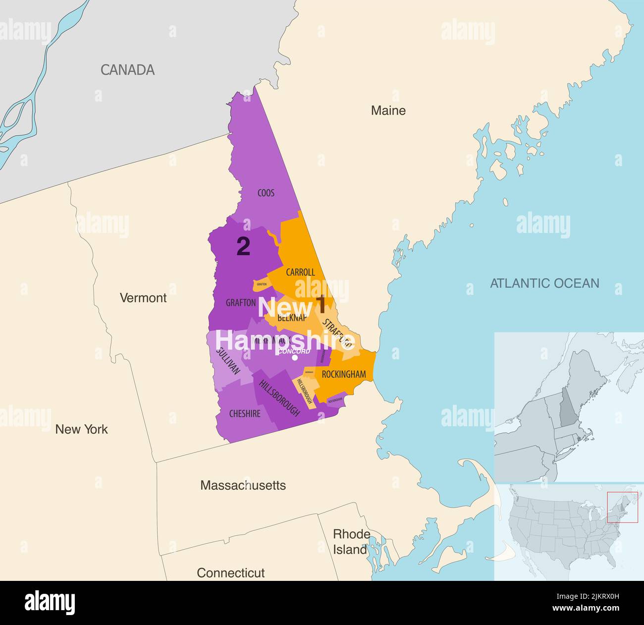 Von Kongressbezirken kolorierte Vektorkarte der New Hampshire State Counties mit benachbarten Bundesstaaten und Terrotorien Stock Vektor