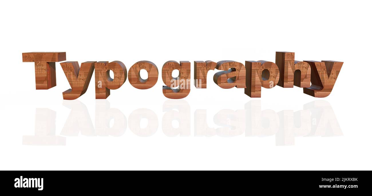 Typografie 3D Rendern mit fotorealistischer Holzblockoptik auf weißem Hintergrund mit Reflexion. Stockfoto
