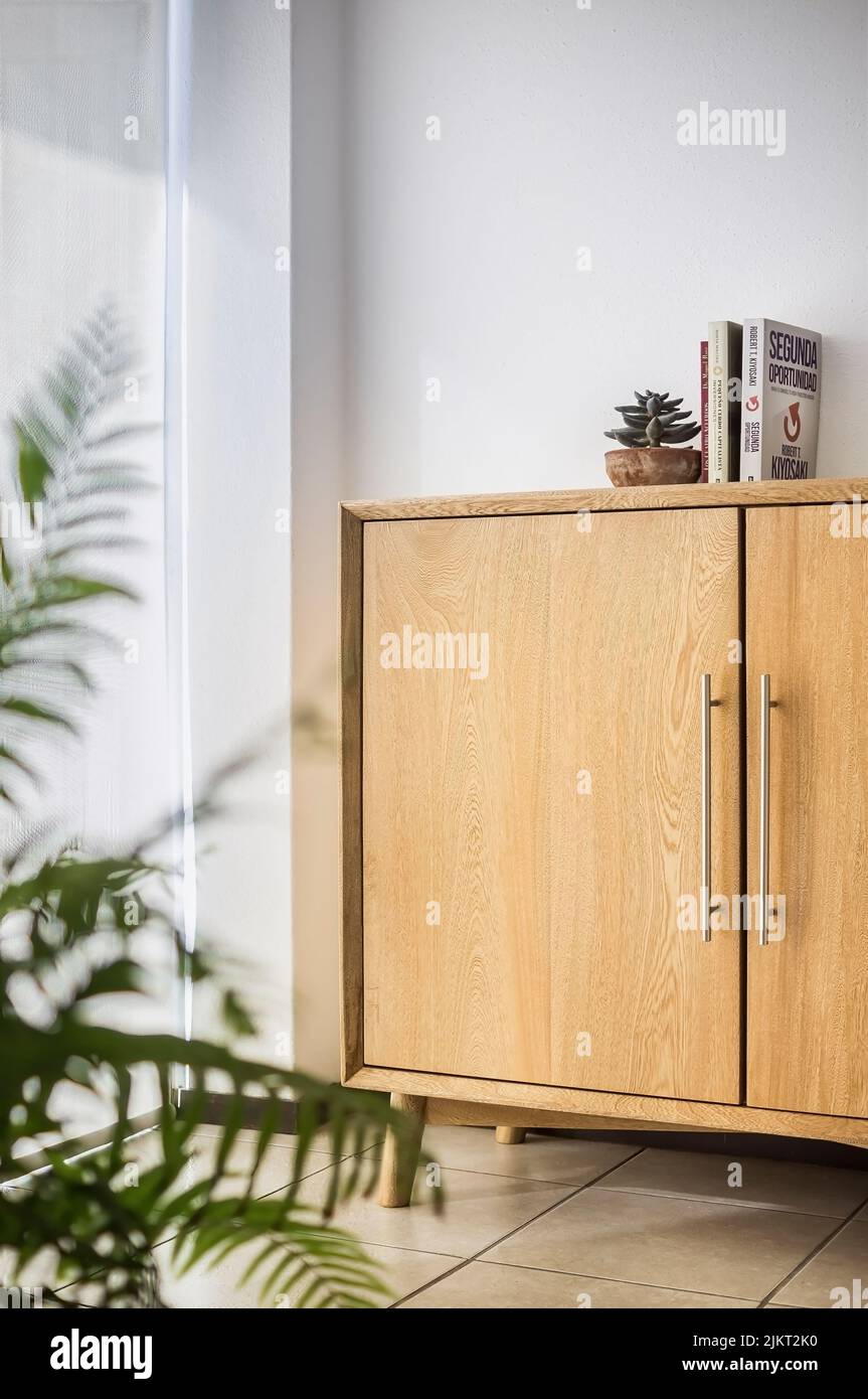Stilvoller und moderner Luxus-Holzlagerbüffetschrank für Innenräume Möbel in isoliertem Hintergrund, zweitürige Kredenz mit Büchern oben in Stockfoto