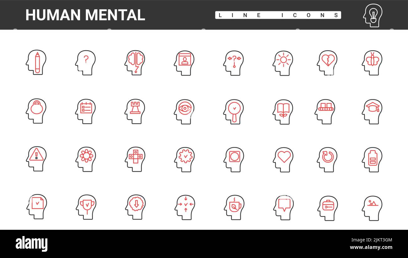 Gehirnprozesse im abstrakten menschlichen Kopf, dünne rote und schwarze Linien-Symbole setzen Vektordarstellung. Psychische Gesundheit und Bildung, Emotionen und Phantasie Symbole der Persönlichkeit, Psychologie Sammlung Stock Vektor