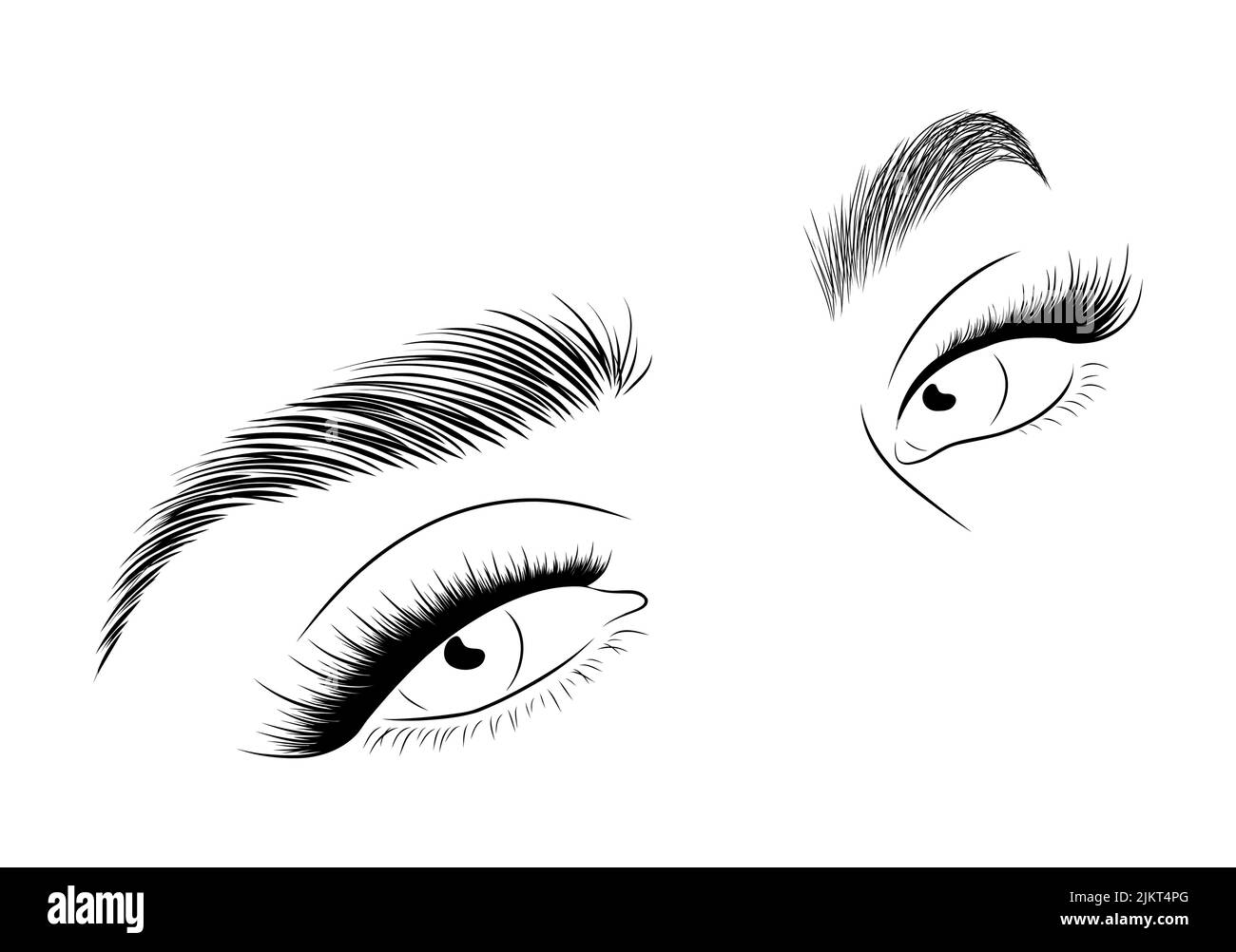 Realistische Wimpern auf weißem Hintergrund. Weibliche Frau mit offenen Augen und Brauen Symbol. Laminierung und Verlängerung Wimpern. Logo von Beauty Studio. Linear Stock Vektor