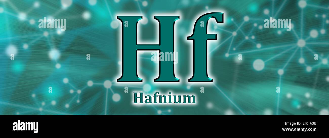 HF-Symbol. Chemisches Element Hafnium auf grünem Netzwerkhintergrund Stockfoto