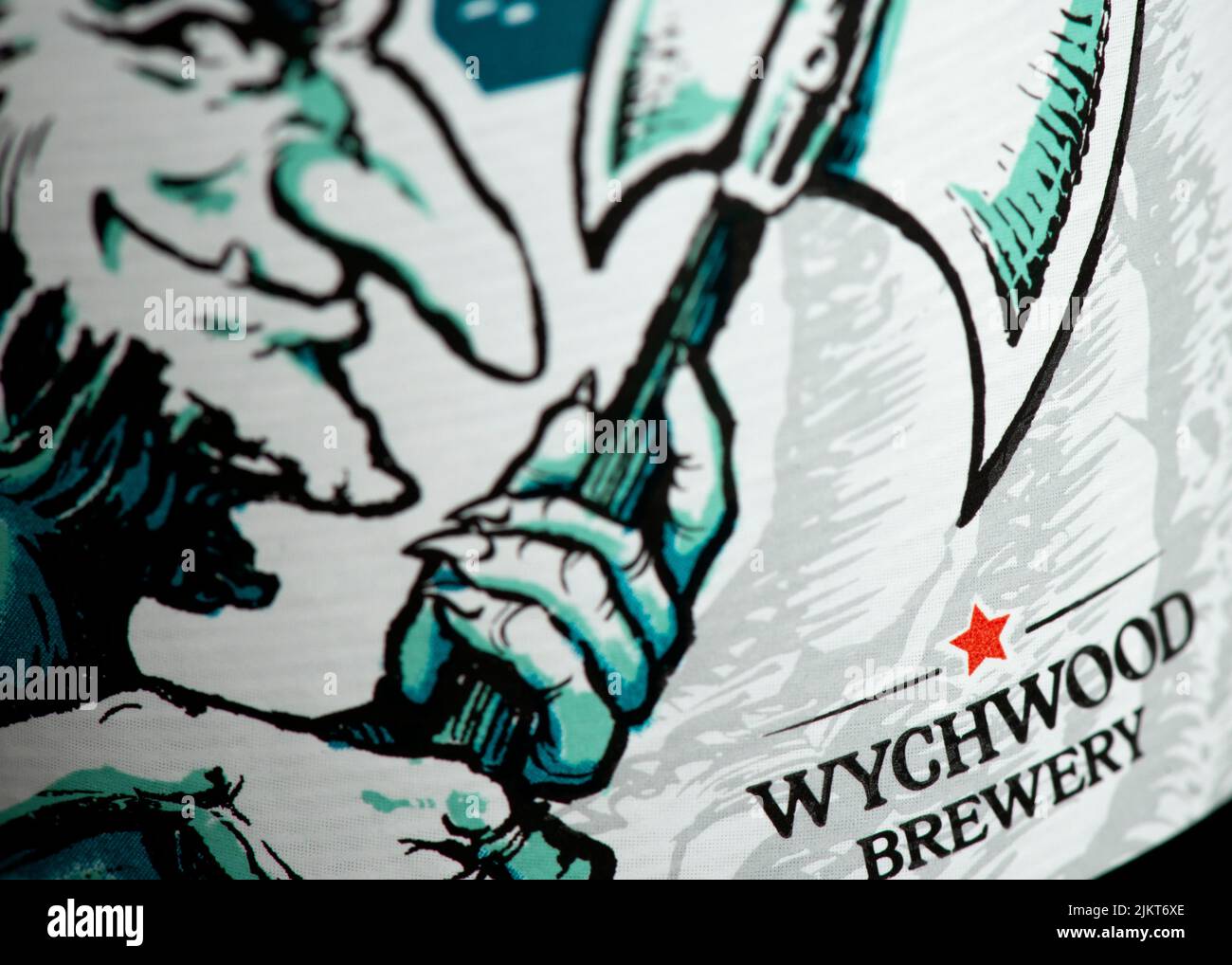 Logo der Wychwood Brewery auf dem britischen IPA-Bierlabel Hobgoblin Stockfoto