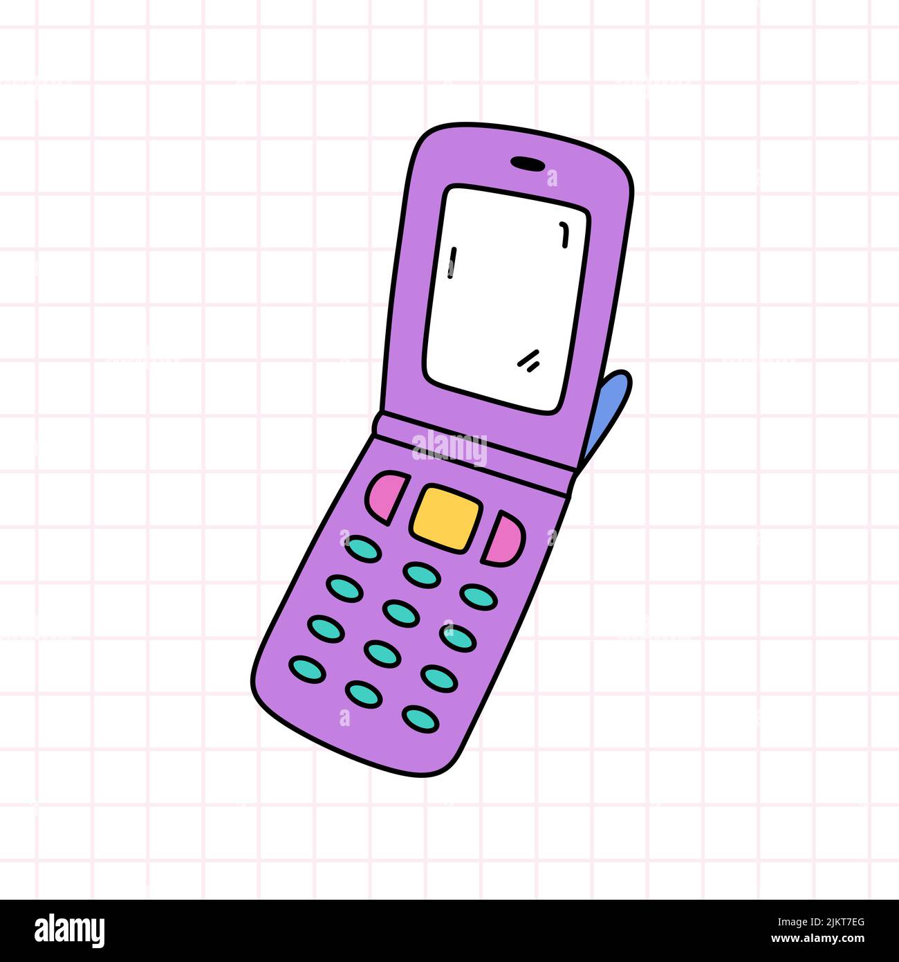 Retro-Flip-Telefon in hellen Farben. Vektor-handgezeichnete Doodle-Illustration isoliert auf weißem Hintergrund. Perfekt für Karten, Dekorationen, Logo Stock Vektor