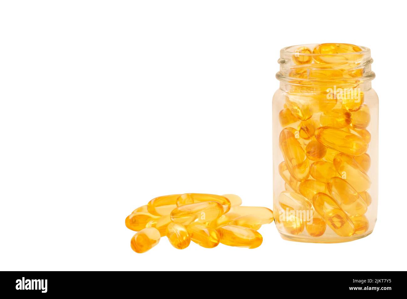Fischöl, Omega-3- und Vitamin-D-Kapseln in Glasflasche auf weißem Hintergrund (Isolatr) Stockfoto
