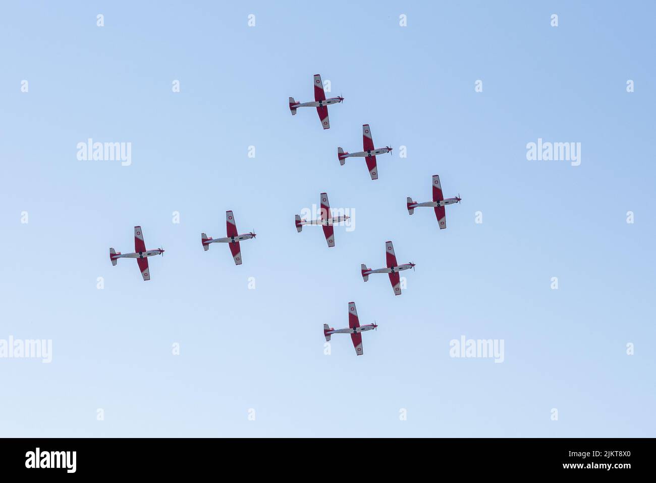 NATO Days, Ostrava, Tschechische Republik. 22.. September 2019: Die Swiss Air Force PC7 Flugzeuge zeigen Team in Formation bei den NATO-Tagen, Leoš Janáček Stockfoto
