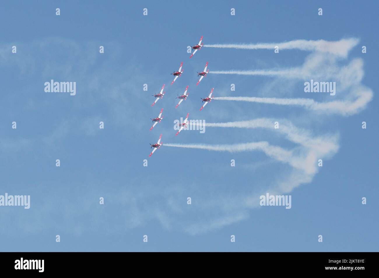 NATO Days, Ostrava, Tschechische Republik. 22.. September 2019: Die Swiss Air Force PC7 Flugzeuge zeigen Team in Formation bei den NATO-Tagen, Leoš Janáček Stockfoto