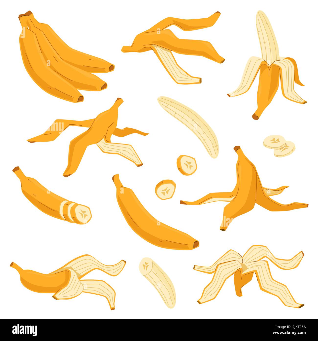 Cartoon-Banane. Gelbe tropische Früchte, ungeschälte ganze und Stücke, Trauben und Schalen, süßer Geschmack exotische natürliche Rohkost, süßer Kohlenhydrat-Snack Stock Vektor