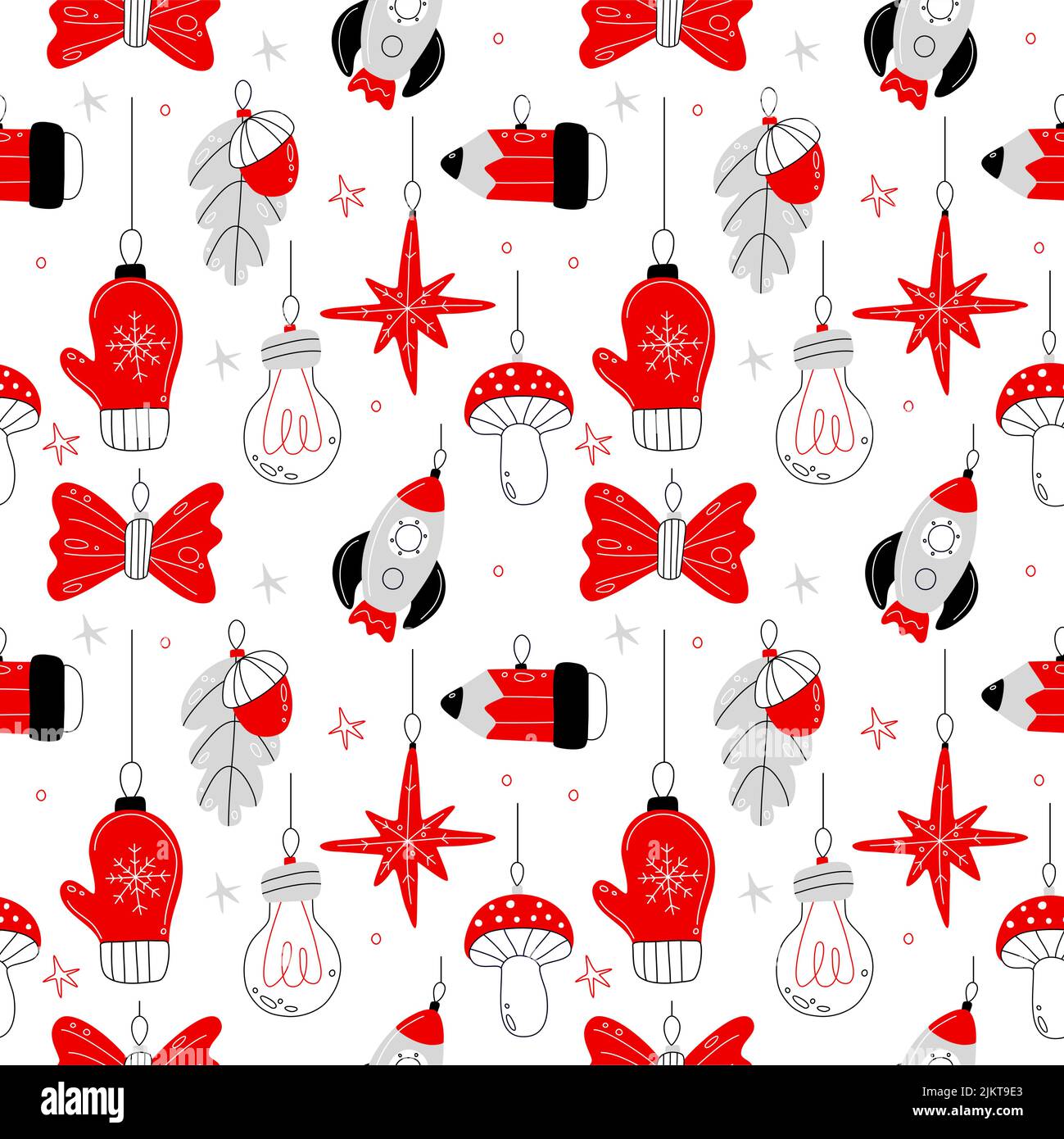 Weihnachtsbaum Spielzeug nahtlose Muster. Dekorative Doodle-Elemente, Weihnachts-Weihnachtsgegenstände, hängende Glühbirnen und Fäustlinge. Dekortextilien, Geschenkpapier Stock Vektor