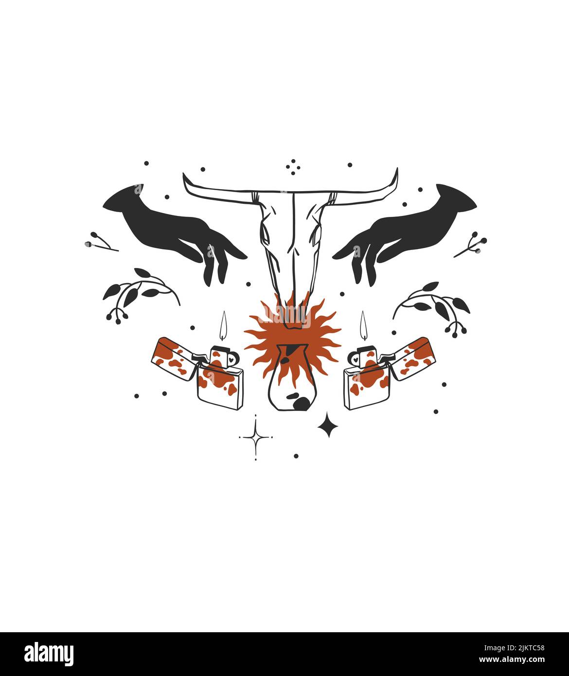 Handgezeichnete abstrakte Vektor Grafik Cliparts Illustration boho Kuh Schädel composition.Wild Western Design concept.Bohemian wilden Westen zeitgenössische Kunst Stock Vektor