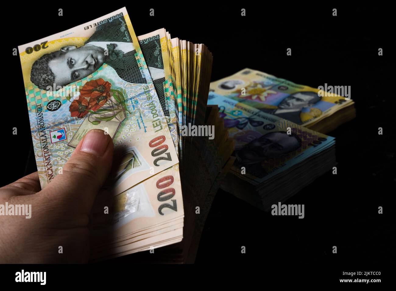 Stapel LEI rumänisches Geld. RON Leu Money Europäische Währung Stockfoto