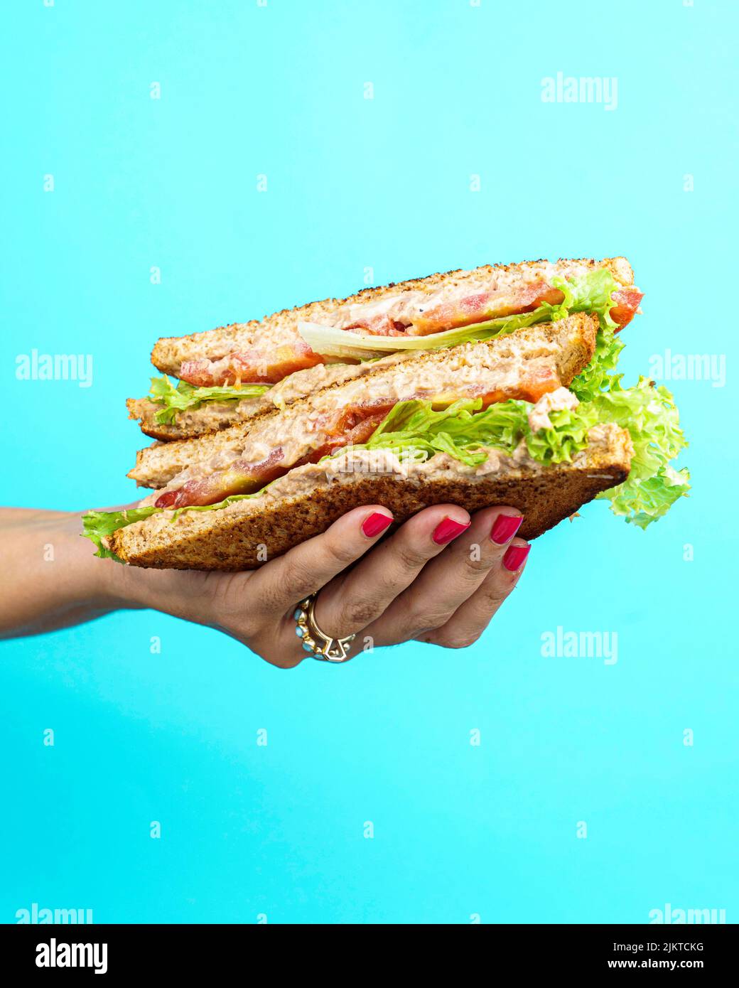 Eine vertikale Aufnahme eines Weibchens, das ein Thunfisch-Sandwich in der Hand hält Stockfoto