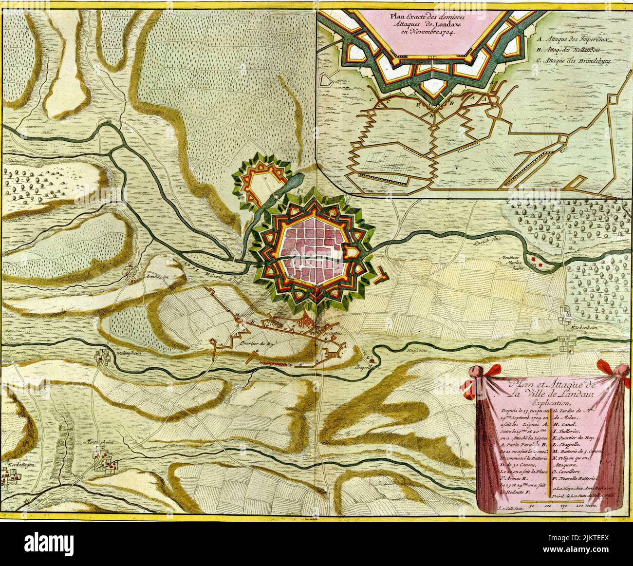 Antike Landkarte von Landau, DeutschlandAtlas der Befestigungsanlagen und Schlachten, von Anna Beek und Gaspar Baillieu ursprünglich im 17.. Jahrhundert veröffentlicht. Stockfoto