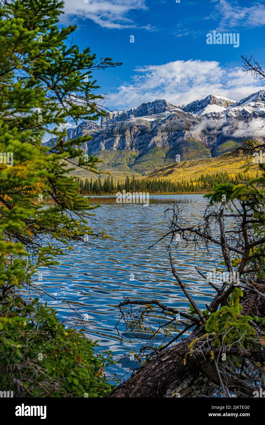 Ein schöner Blick auf einen See, umgeben von Bäumen und Berge Stockfoto