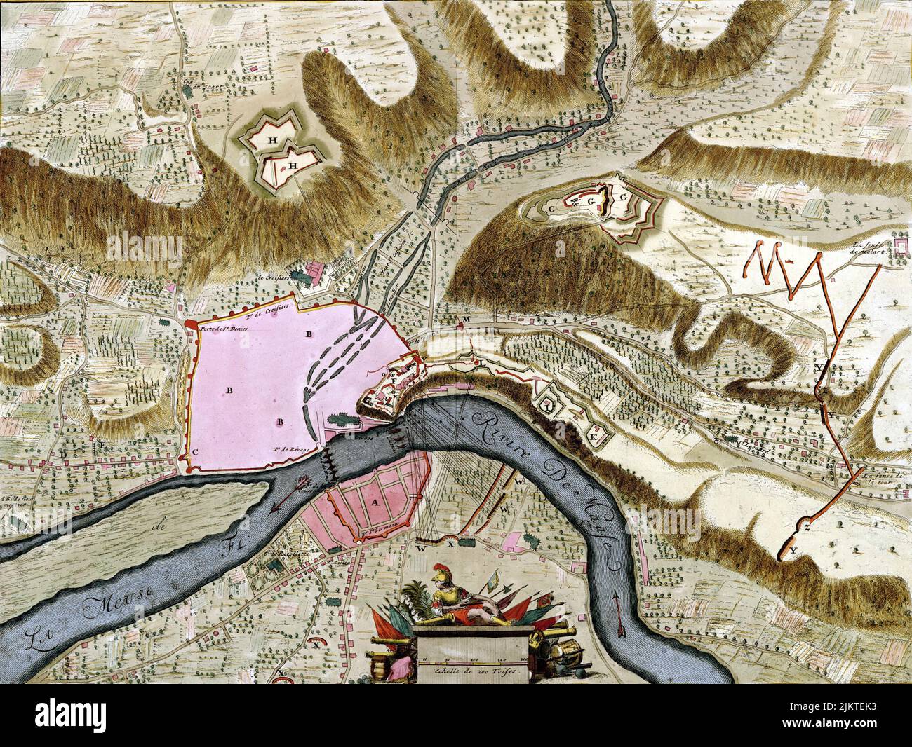 Antike Landkarte der Maas aus dem Atlas der Befestigungsanlagen und Schlachten von Anna Beek und Gaspar Baillieu, ursprünglich im 17.. Jahrhundert veröffentlicht. Stockfoto