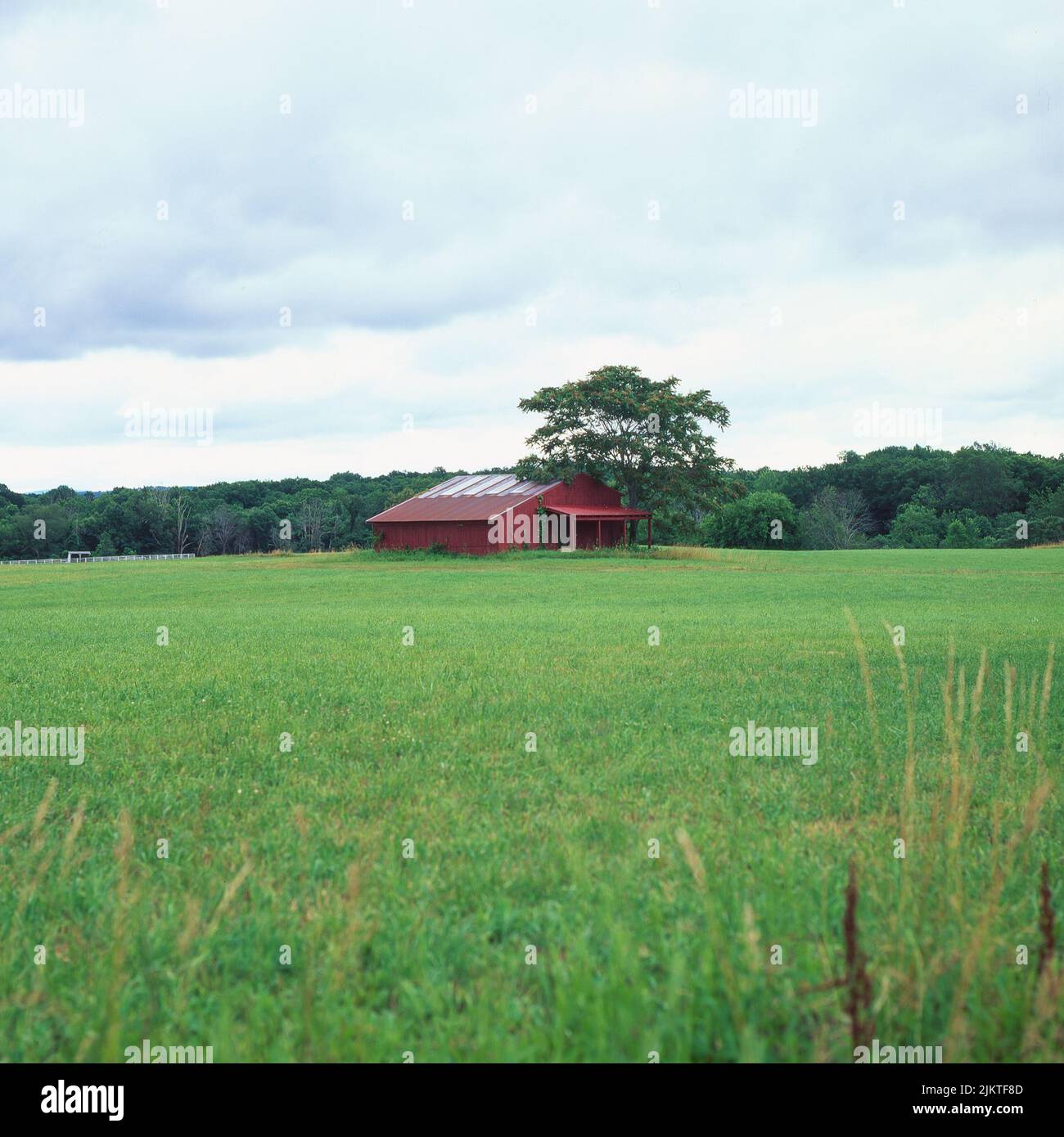 Ein malerischer Blick auf ein rotes Landhaus inmitten eines üppigen grünen Waldes auf einem bewölkten Himmel Hintergrund Stockfoto